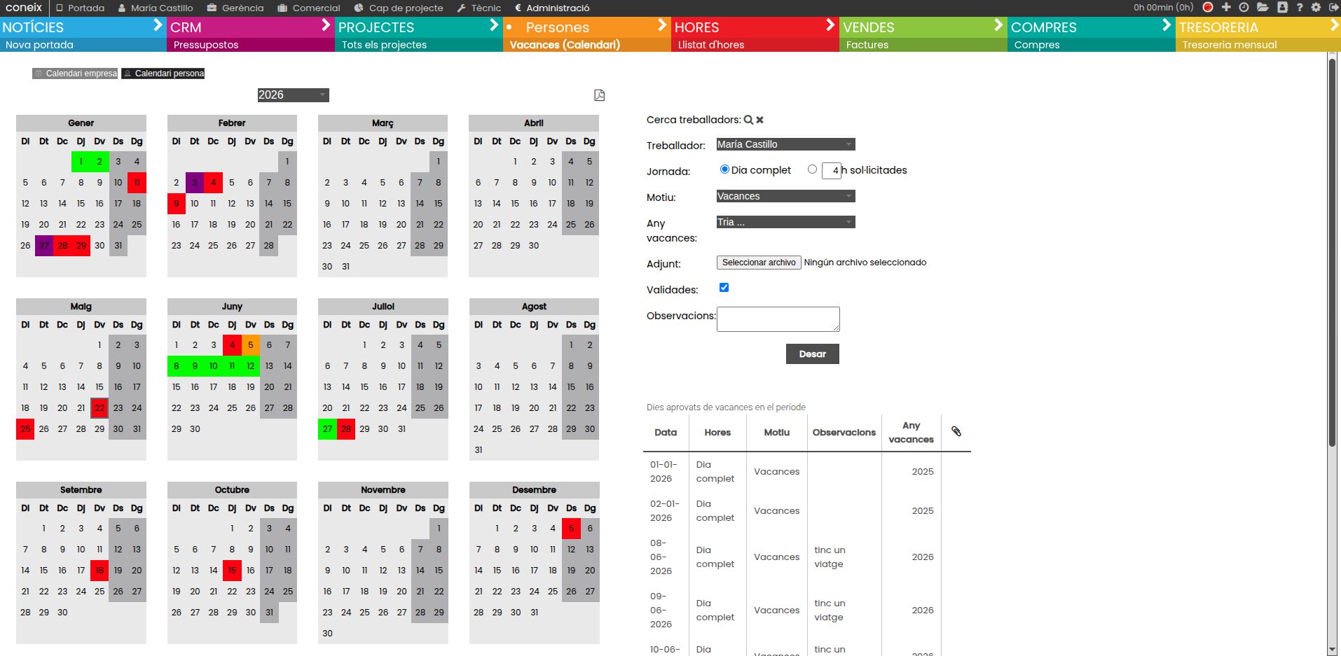 captura rrhh vacances Módulo de RR. HH. del ERP Coneix